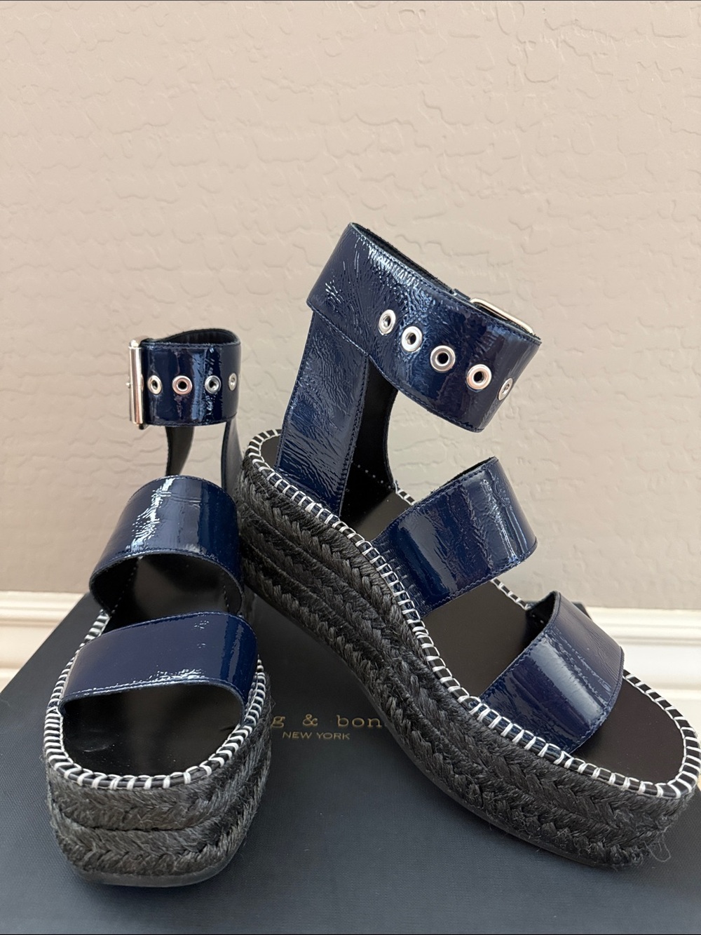 rag & bone Navy Patent Leather Espadrille Wedge Platform Sandals Sz 39